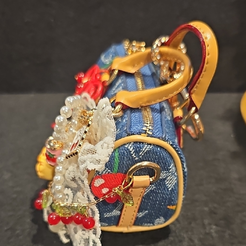 Denim Cherry Embellished Mini Bag Keychain with Pearls - Picture 6 of 6